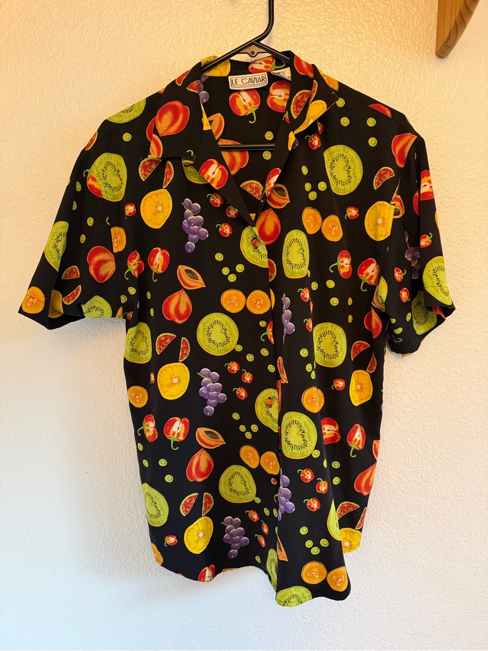 Le Caviar Black Fruit-Print Short Sleeve Button-Down Shirt